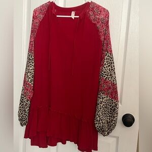 Boutique Boho- Chic Blouse- Sizex 2X- cranberry & leopard print.